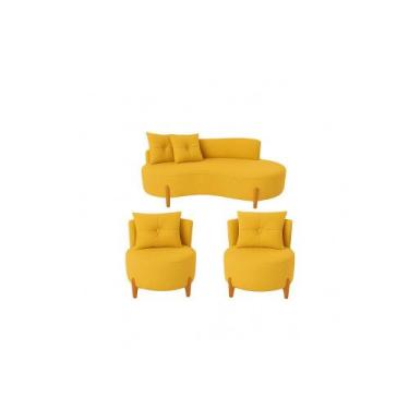 Imagem de Conjunto 2 Poltronas + Sofá Curvo Orgânico Luna Veludo Amarelo - Monta