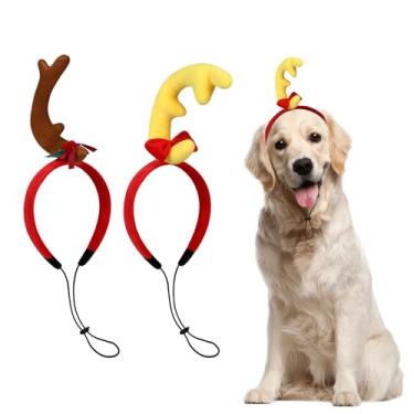 Imagem de QKURT Pacote com 2 bandanas de chifres de cachorro - fantasia de Natal para cães médios e grandes, acessórios de rena para animais de estimação com elástico ajustável para festa de Natal e Halloween