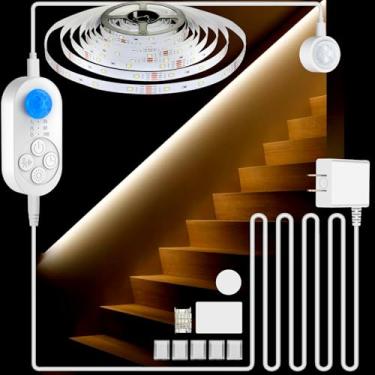 Imagem de orgaror Luzes internas de escada com sensor duplo, faixa de luz conectada ativada por movimento interno com regulador, temporizador de atraso para escadas (branco quente 3000 K (faixa de luz de 16,4