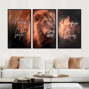 Imagem de Kit com 3 Quadros Decorativos 30x50 cm Leão de Judah com Moldura Retangular com 2cm de largura, na posição Vertical, ideal para ambiente de Sala, Quarto e Hall. Tamanho dos quadros montado na parede 50x94cm