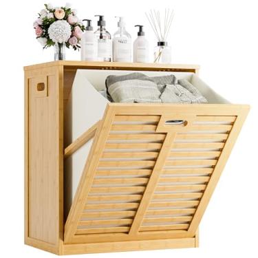 Imagem de HITNET Cesto de roupa suja inclinável, armário de cesto de roupa de bambu com cesto de tecido removível, organizador de armazenamento independente para banheiro, sala de estar, quarto