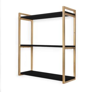 Imagem de Kit 3 Prateleira Suspensa Model Industrial Estante Ferro Mdf Porta Quadro Decoração Sala Cozinha Porta Brinquedo(PRETO COM DOURADO)