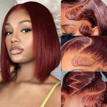 Imagem de Peruca de cabelo humano marrom avermelhado 33 x 10 cm peruca frontal de renda 30 cm peruca reta curta sem cola vinho pré-arrancada 180% densidade natural perucas para mulheres negras