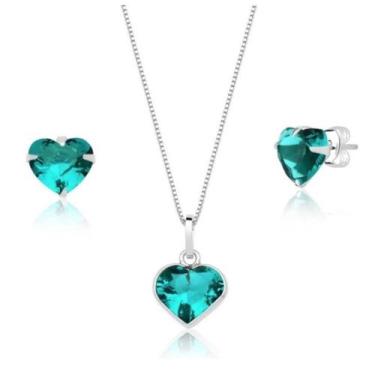 Imagem de Colar Brinco Infantil Coração Zirconia Prata 925 verde claro - Lojas L