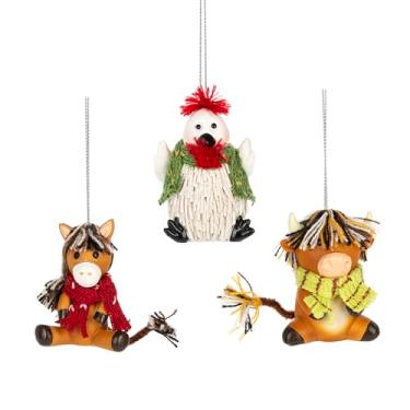Imagem de The Bridge Collection Conjunto de enfeites de animais de fazenda de resina com cachecóis - enfeites de Natal fofos de cavalo, galinha e vaca de 6,3 cm