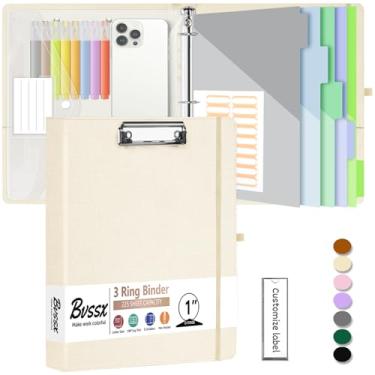 Imagem de Organizador de fichário de linho com 3 anéis, 2,5 cm, fichários BVSSX com prancheta, pasta de plástico, divisórias de bolso de 5 abas com etiquetas adesivas, alça para caneta, alça elástica (bege