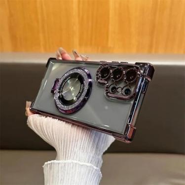 Imagem de HJZSZX Capa de silicone à prova de choque com suporte magnético de luxo com glitter para Galaxy A55 5G (para Galaxy A55 5G/roxo escuro)