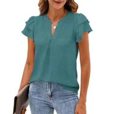 Imagem de Blusa SimpleFun, manga com babados, decote em V, chiffon verde para mu