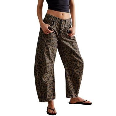 Imagem de Jeans SAFRISIOR Leopard para mulheres, calças largas, cintura média, e