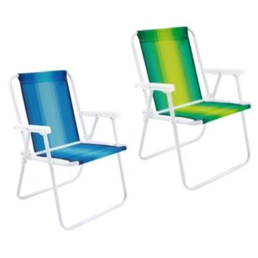 Imagem de Kit 2 Cadeiras de Praia Dobrável, Estrutura de Alumínio, Tecido Listrado em Verde e Azul, Design Portátil