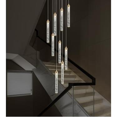 Imagem de YwueChwu Lustre de escada de cristal de teto alto dourado com 9 luzes, gota de chuva espiral moderna regulável LED bolha cluster luminária suspensa de teto para hall de entrada, sala de estar