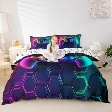 Imagem de Manfei Conjunto de capa de edredom moderno gamer tamanho casal, conjunto de cama de console de jogos favo de mel, 3 peças, capa de edredom geométrico, decoração de quarto de adolescente, macio e leve