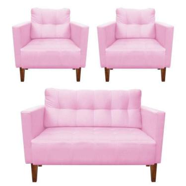 Imagem de Kit Sofá Retrô 2 Lugares E 02 Poltronas Rosa Bebê - D'ROSSI