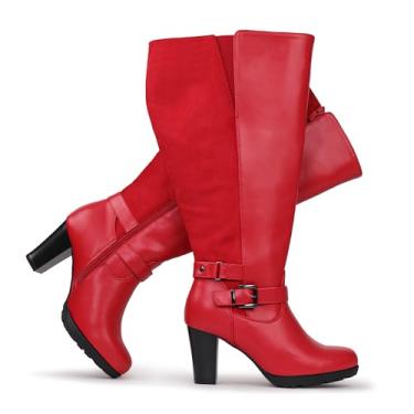 Imagem de Chicblooms Botas femininas plus size extra largas de salto alto com fivela no tornozelo, Camurça vermelha, 36