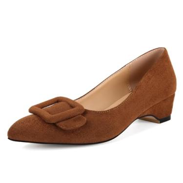 Imagem de Sapato social feminino Fericozt bico fino, salto baixo grosso, escarpim confortável com fivela, Marrom, 36