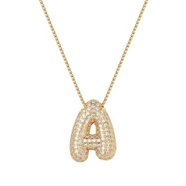 Imagem de Mint & Lily Colar feminino com inicial de ouro Pave Bubble – banhado a ouro 18K sobre latão com corrente delicada, presente para mulheres, Latão, Sem Pedra Preciosa