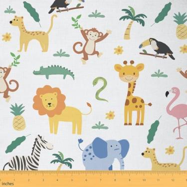 Imagem de jejeloiu Tecido de animais de desenho animado por The Yard Elefante Leão Zebra Girafa Tecido de estofamento para costura, artesanato, zoológico, à prova d'água, decoração interna e externa para