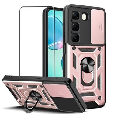 Imagem de CNPUTAO Capa para Infinix Hot 60 Pro+ 4G com protetor de tela de vidro temperado, janela deslizante para câmera, suporte, capa de telefone de camada dupla antiarranhões à prova de choque, ouro rosa