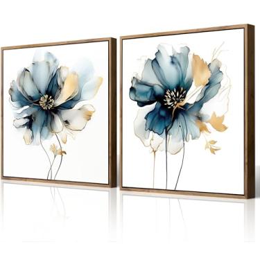 Imagem de QTESPEII 2 peças de arte de parede de flores em aquarela azul amarelo papoula impressão em tela decoração de parede pintura floral abstrata imagem moderna emoldurada para quarto, banheiro, sala de