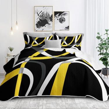 Imagem de Jogo de cama Queen preto e amarelo com 2 fronhas, conjunto de edredom listrado moderno, padrão de linha, colcha cinza e amarela, 224 x 246 cm