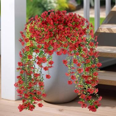 Imagem de Evoio 2 pacotes de flores artificiais de hera violeta para pendurar no exterior, pátio, jardim, varanda, casamento, decoração de casa (vermelho)