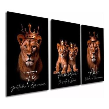 Imagem de Quadros Decorativo Leão Leoa 2 Filhotes Rei Rainha Fé Amor - Templacas