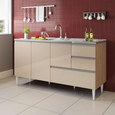 Imagem de BALCÃO MACEIÓ PARA PIA 1,60 3 PORTAS COM GAVETÃO Amêndoa Off - Milani 