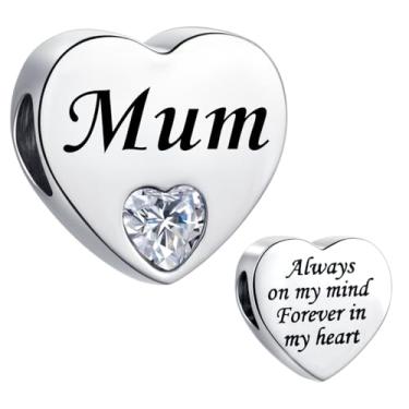 Imagem de MiiFort Pingente de coração de amor transparente para mães, pulseiras Pandora, contas de aniversário para mulheres Always on My Mind Forever In My Heart Aço inoxidável
