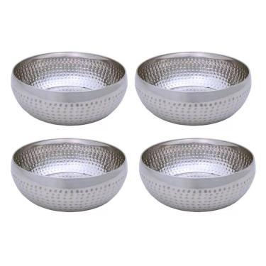 Imagem de Kit 4 Saladeiras Tigela Bowl Inox Martelado 25Cm 3,5L