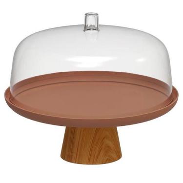 Imagem de Boleira com Cúpula Transparente Pé em Bambu para Bolos Tortas Doces So
