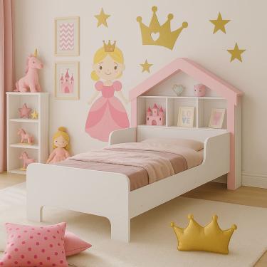 Imagem de Cama Solteiro Casinha Com Prateleira Para Livros e Proteção Lateral
