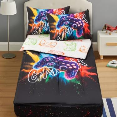 Imagem de A Nice Night Conjunto de edredom infantil com zíper e console de jogos – Roupa de cama com zíper para meninos, estilo tie dye com tinta salpicada, tamanho solteiro