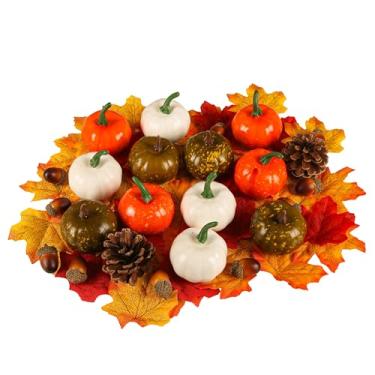 Imagem de Conjunto de 64 mini abóboras artificiais artificiais para decoração de abóboras de plástico de espuma, folhas de bordo e pinhas, bolotas, laranja, branca, abóbora, outono, colheita, decoração de mesa