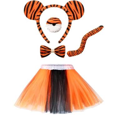 Imagem de WILLBOND Conjunto de fantasia de tigre de Halloween, 5 peças, conjunto de fantasia de animal, orelha de tigre, nariz, gravata borboleta, cauda e saia tutu para crianças, acessórios de festa de cosplay