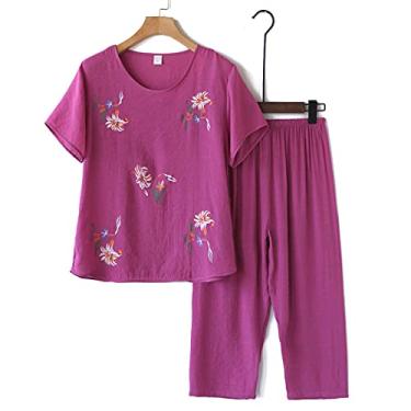 Imagem de ifgswopq Conjunto de pijama feminino novo floral camisa calça pijama terno senhora casual roupa de dormir tamanho grande (4X)