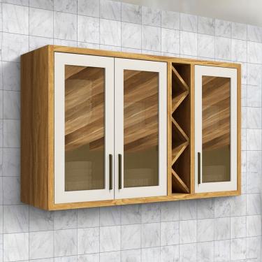Imagem de Armário Aéreo de Cozinha 120 Cm Tempranillo 3 Portas com Vidro Reflecta 100% Mdf Amêndoa/Off White - Rio Doce