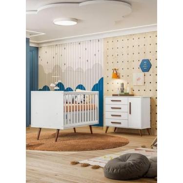 Imagem de Quarto Infantil Kit Com Berço Americano E Cômoda Retrô Qmovi - Branco 