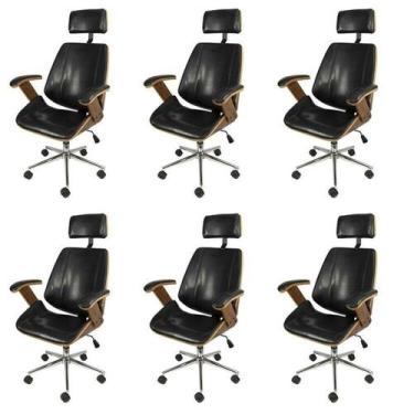 Imagem de Kit 6 Cadeiras Escritorio Presidente material sintético e Madeira Berg