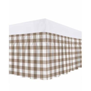 Imagem de Saia para cama marrom claro xadrez buffalo, 40,6 cm, estilo casa de fazenda, elástico, envolvente, saia para cama, babados, para cama king size