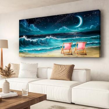 Imagem de Pintura a óleo de paisagem à beira-mar noturna mural pintura moderna moldura interna de madeira impressão de fotos em tela de alta resolução sala de estar quarto sala de jantar escritório decoração de