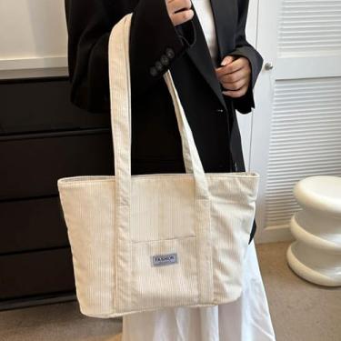 Imagem de Bolsa feminina de veludo cotelê, bolsa de ombro de lona com bolsos para viagem, trabalho, compras, academia, armazenamento mochila carteira, Branco, Small