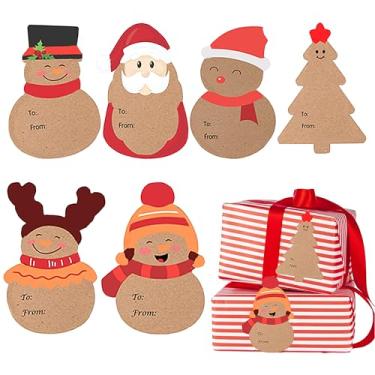 Imagem de Workkeep Etiquetas de presente de Natal, 96 peças Kraft para etiquetas, 2 x 7,6 cm etiquetas autoadesivas para embrulho de presentes de Natal, caixas de presentes, envelopes de bolsas, 6 folhas, 6