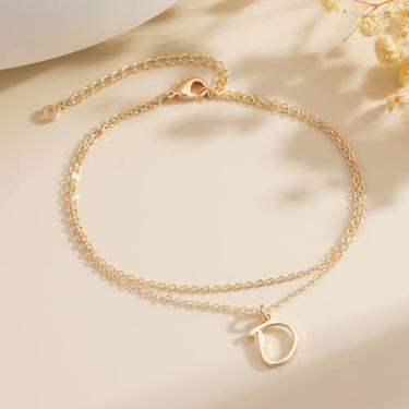 Imagem de Tornozeleiras banhadas a ouro 14K para mulheres - tornozeleira de aço inoxidável A-Z com pingente de símbolo inicial de A-Z, hipoalergênica, impermeável, aniversário, Natal, mãe, avó, 7, Latão, Sem