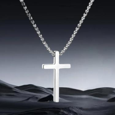 Imagem de Colar masculino com cruz - Pingente elegante de aço inoxidável com corrente durável e comprimento ajustável, 26", Metal, Sem Pedra Preciosa