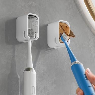 Imagem de Suportes de escova de dentes com capa para chuveiro de banheiro - 2 peças espelho autoadesivo montado na parede inovador slot único à prova de poeira dispensador de escova de dente elétrico