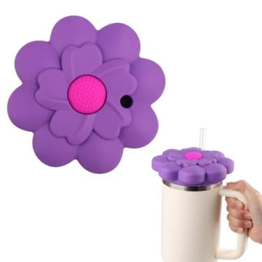 Imagem de Tampa protetora contra poeira para Stanley Cup 1,134 g Quencher H1.0/2.0, tampas de silicone em forma de flor, capa de tampa, capa à prova de poeira, acessórios para copos Stanley 1,134 g (roxo)