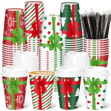 Imagem de Layhit 100 peças de copos de café de Natal de 340 g descartáveis com tampas e canudos para festas de cacau quentes de Natal (estilo boa)