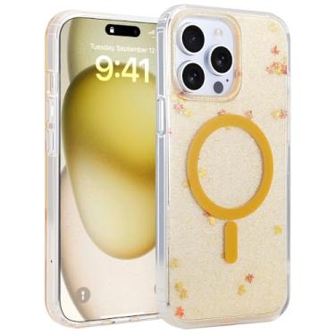 Imagem de Fourmor Capa magnética feminina para iPhone 15 Pro (compatível com MagSafe), capa ultrafina transparente com estampa de folha de bordo e glitter dourado, cantos à prova de choque e airbag