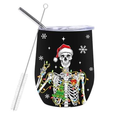 Imagem de Whaline Copo de vinho de aço inoxidável de Natal, caneca de café com tampa de palha, chapéu de Papai Noel, preto, copo isolado de esqueleto dançante para o Natal, inverno, bebidas quentes e frias