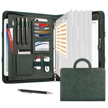 Imagem de Leathario Fichário de portfólio, inclui 5 divisórias de índice de pastas, organizador de tablets de 13 polegadas com alça, pasta A4 de couro vegano, bloco de notas com vários bolsos, agenda de